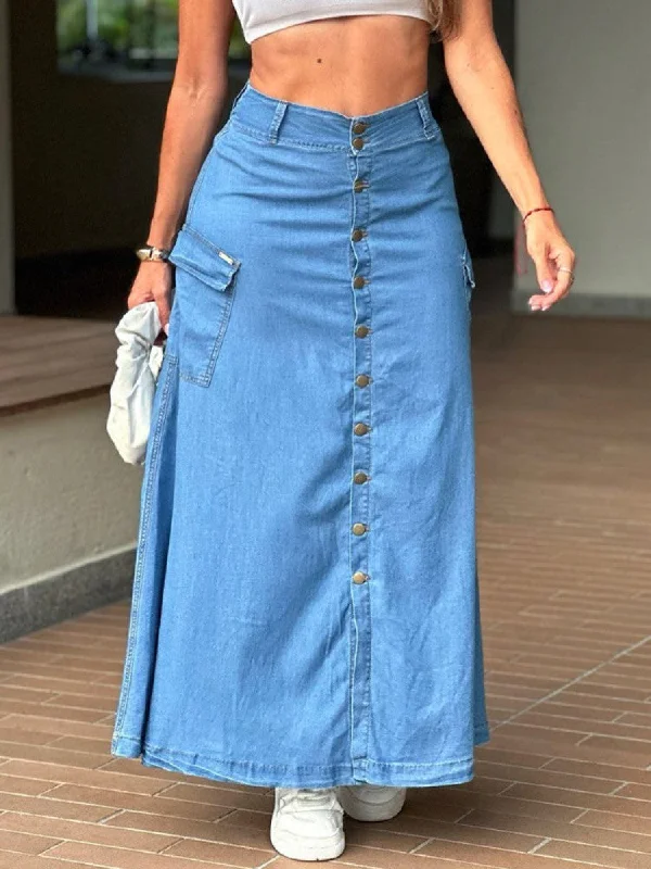 Denim Buckle Split Hem High Rise Skirts Trendy Women's Oversized