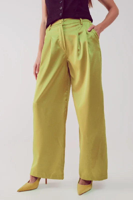 Palazzo Pleated Pants in Acid Lime | Q2 Stylish Women's Neon