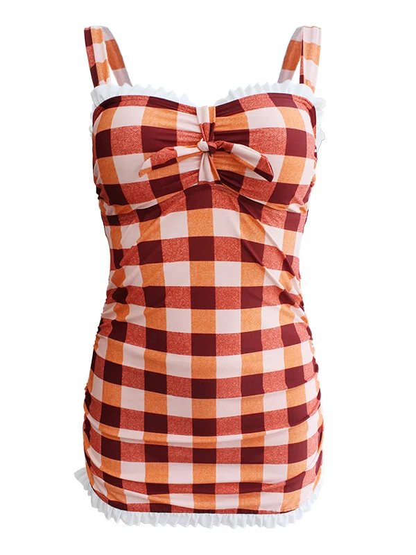 1950s Plaid Bow Strap Ruffled Tankini Elegant Women's 
