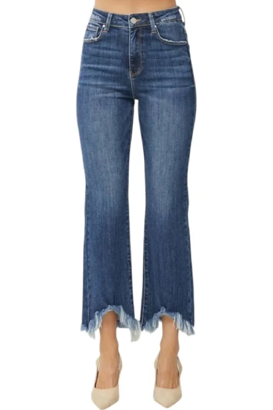 High Rise Frey Hem Ankle Bootcut Jeans In Denim Trendy Women's Oversized