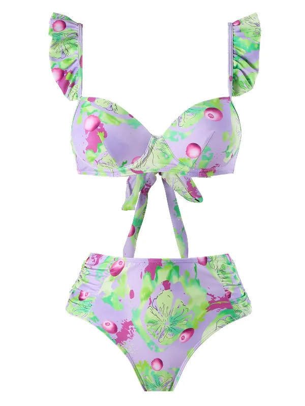 Light Green 1940s Grape Ruffle Swimsuit Classic Women's Pin - striped
