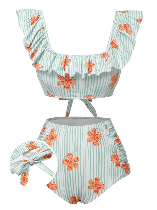 Light Green 1950s Floral Stripe Ruffle Swimsuit British Gentlewoman Style