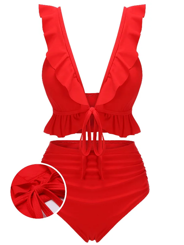 Red 1950s Solid Ruffled V-neck Straps Swimsuit Confident Women's Power