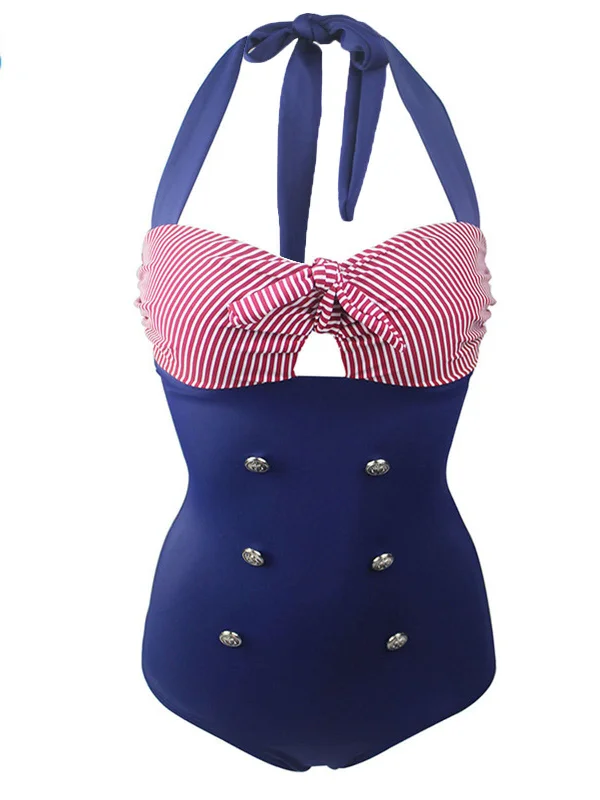 Stripe Patchwork Halter One-Piece Swimsuit Edgy Women's Punk
