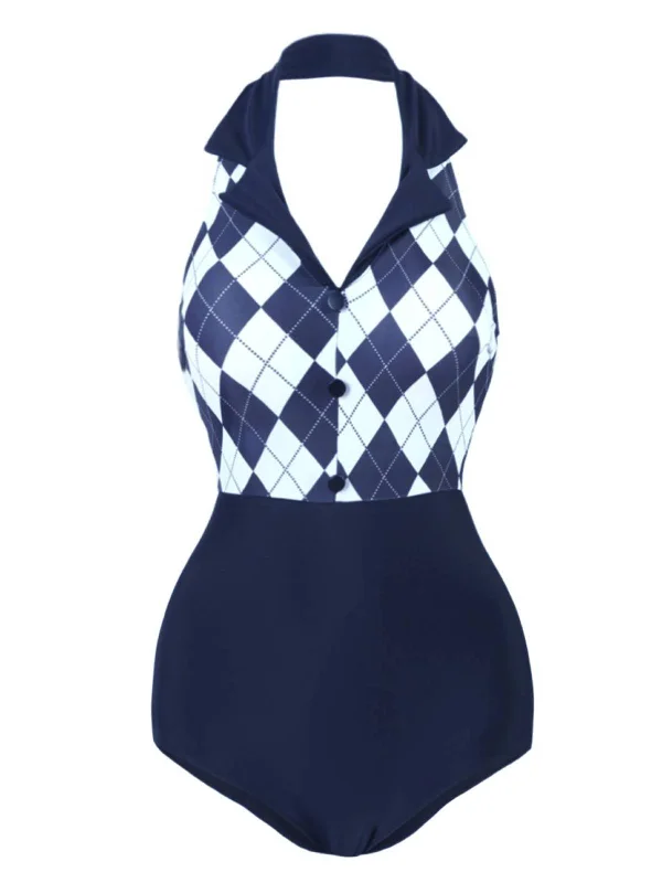 Navy Blue 1930s Halter Plaid One-Piece Swimsuit Dapper Women's Bow - adorned