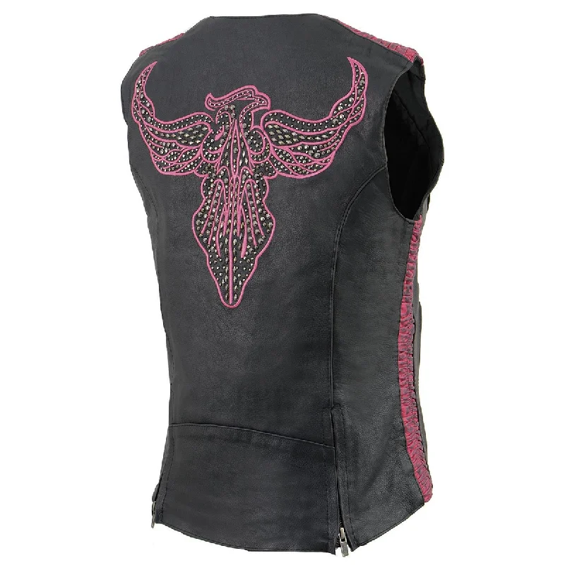Milwaukee Leather MLL4570 Women's Studded Phoenix Black/Fuchsia Leather Motorcycle Vest w/ Embroidery Art Youthful Women's Pop Milwaukee Leather MLL4570 Women's Studded Phoenix Black/Fuchsia Leather Motorcycle Vest w/ Embroidery Art Youthful Women's Pop