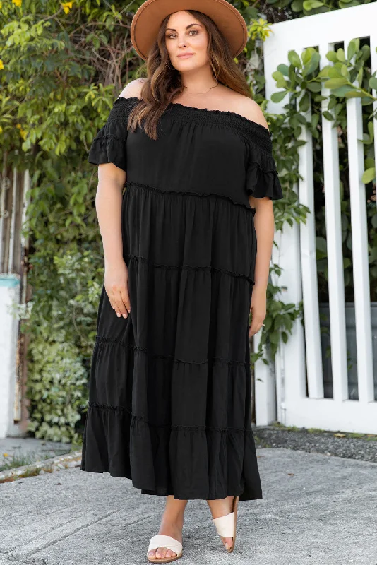 Plus Size Off-Shoulder Ruffle Trim Maxi Dress Edgy Women's Punk
