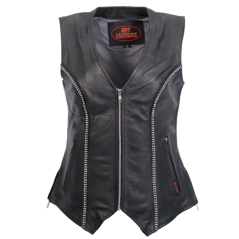 Hot Leathers VSL1016 Ladies 'Rhinestone' Black Leather MC Vest Dynamic Women's High - energy Hot Leathers VSL1016 Ladies 'Rhinestone' Black Leather MC Vest Dynamic Women's High - energy