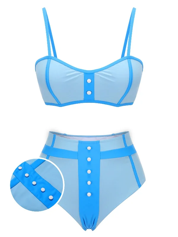 Blue 1950s Button Patchwork Swimsuit European