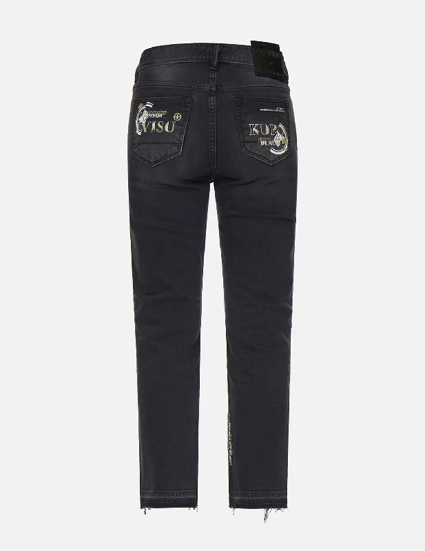 Slashed Kamon and Logo Embroidered Cropped Straight Fit Jeans Relaxed Women's 