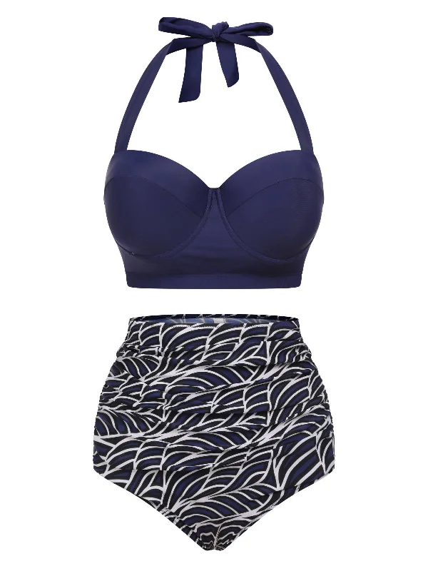 Blue 1940s Geometry Pleated Halter Swimsuit Cool Women's Skate