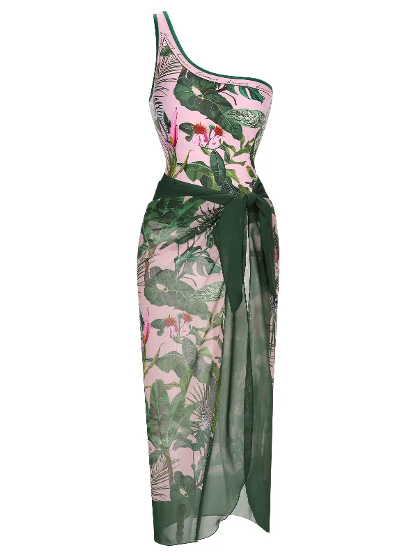1960s One-Shoulder Tropical Swimsuit & Cover-Up Minimalist Women's Casual
