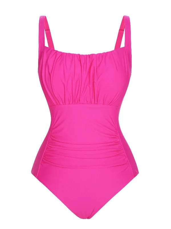 Pink 1940s Solid Wrinkle Strap Swimsuit Artistic Women's Avant - 