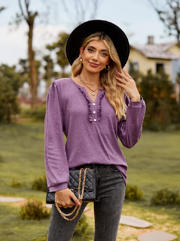 Puff Sleeve Ruffle Trim Blouse Feminine Women's Style 