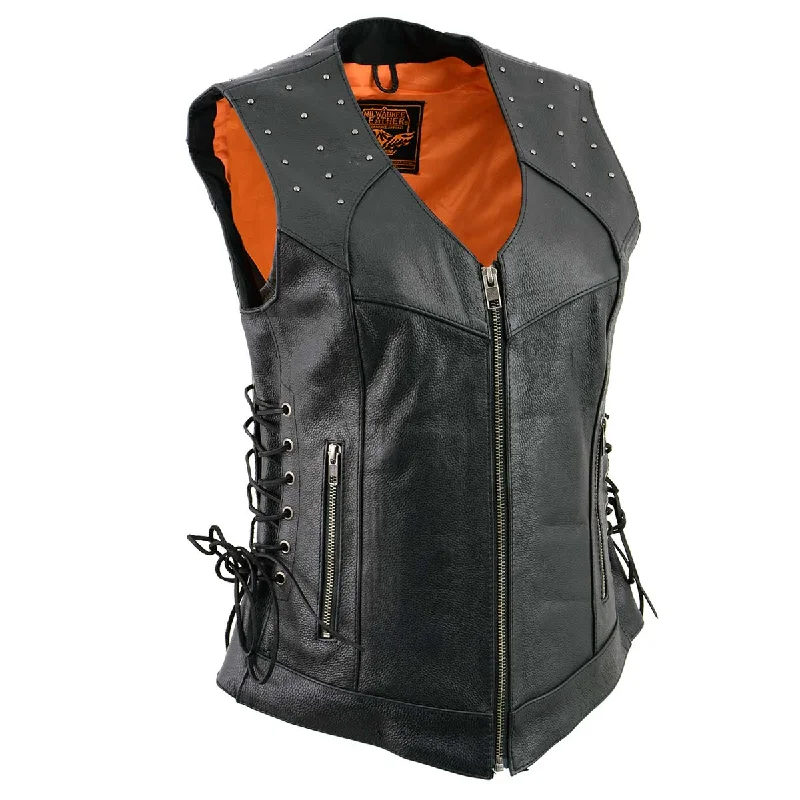 Milwaukee Leather MLL4504 Women's Classic Black Leather V-Neck Riveted Motorcycle Rider Vest with Side Lace Artistic Women's Avant - Milwaukee Leather MLL4504 Women's Classic Black Leather V-Neck Riveted Motorcycle Rider Vest with Side Lace Artistic Women's Avant -