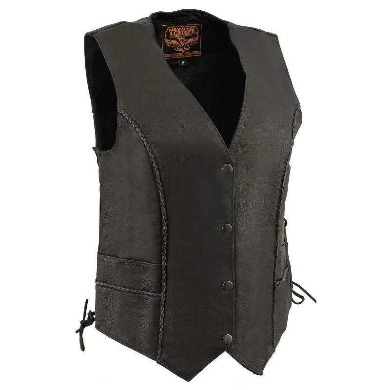Milwaukee Leather MLL4560 Women's Black Premium Leather Classic Braided Side Lace Deep V-Neck Motorcycle Rider Vest Luxurious Women's High - end Milwaukee Leather MLL4560 Women's Black Premium Leather Classic Braided Side Lace Deep V-Neck Motorcycle Rider Vest Luxurious Women's High - end