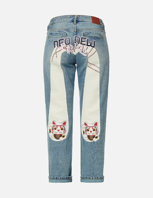 Fortune Cat Daicock Print Boyfriend Jeans Earthy Women's 