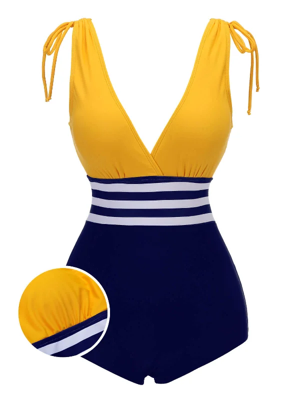 Yellow & Blue 1950s Striped Lace-Up Swimsuit Casual Women's Japanese 