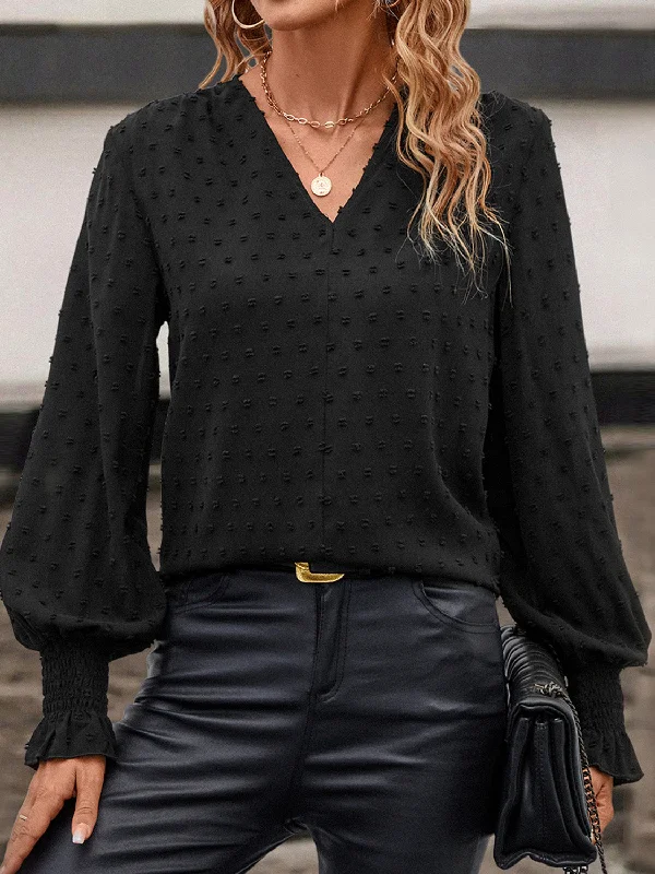 Swiss Dot V-NecK Lantern Sleeve Blouse Luxurious Women's High -  end