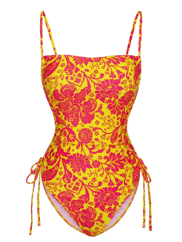 Orange 1950s Russian Floral Drawstring Strap Swimsuit Refined Women's Velvet
