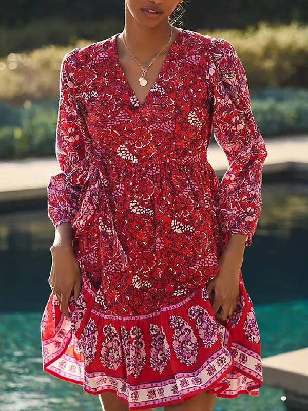 Printed V-Neck Long Sleeve Mini Dress Sharp Women's Italian