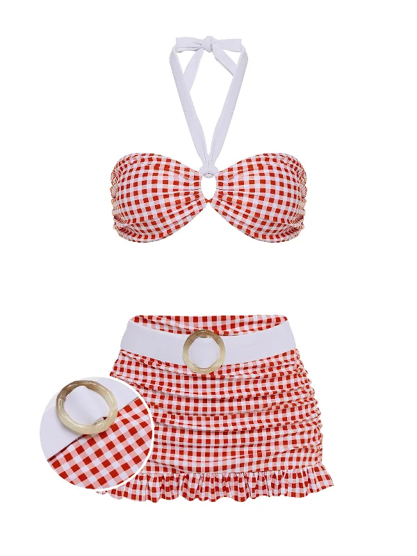 Retro Red 1940s Plaid Halter Bikini Set Earthy Women's 