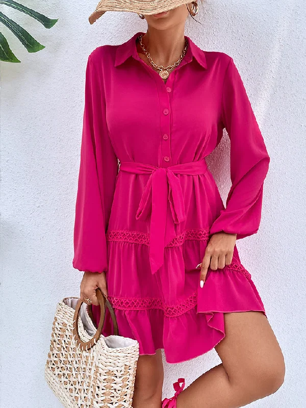 Collared Neck Tie Waist Buttoned Dress Hip Women's Urban