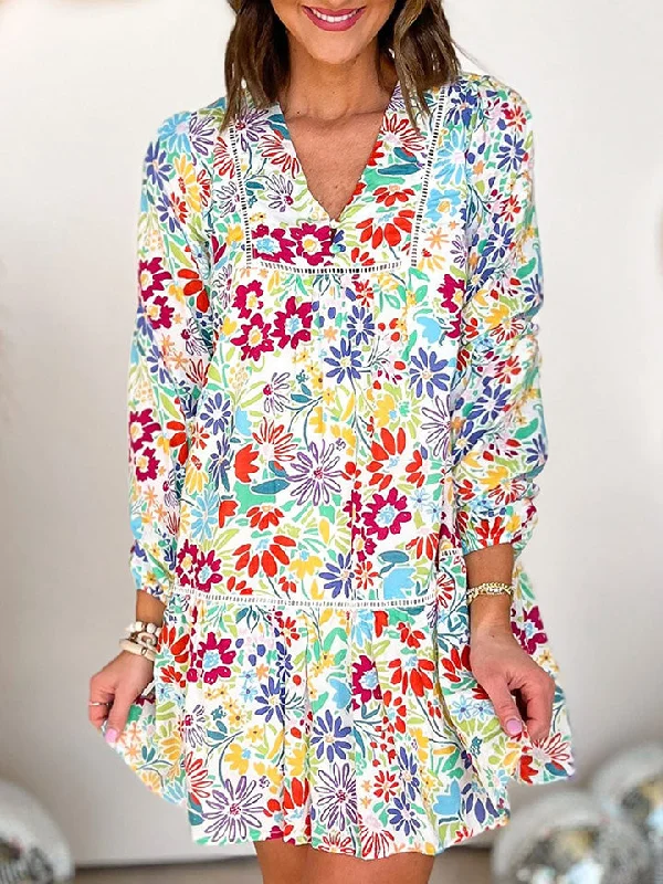 V-Neck Floral Print Long Sleeve Mini Dress Preppy Women's College