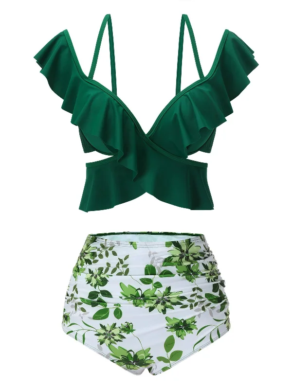Green 1940s Ruffles Floral Spaghetti Strap Swimsuit Vintage Women's 1970S 