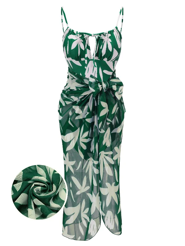 1960s Green Leaf Sleeveless Camisole Strap Swimsuit Cozy Women's Sherpa - lined