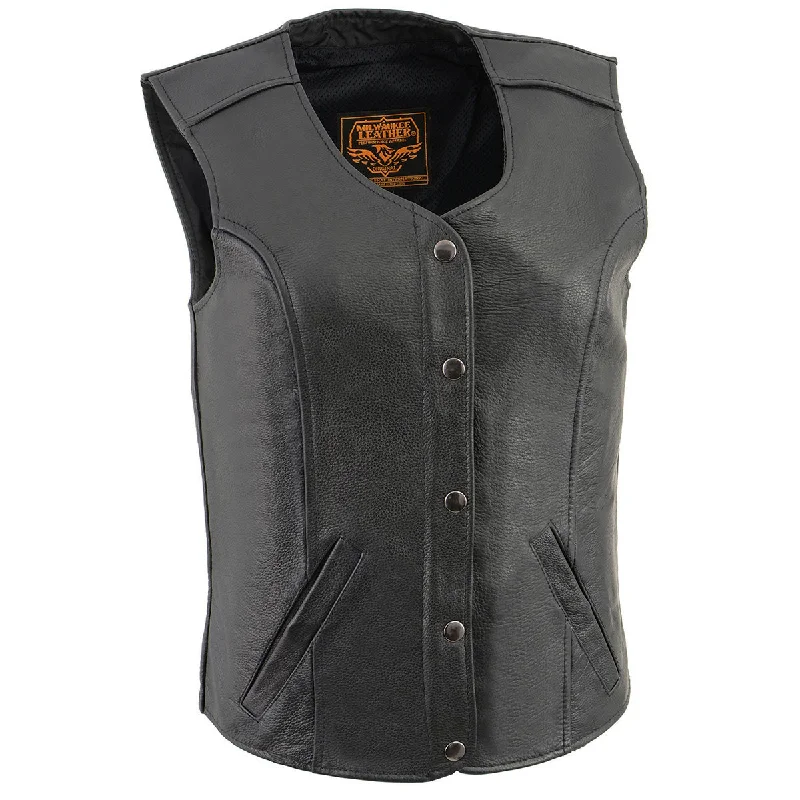Milwaukee Leather LKL4701 Women's Black Leather Plain Round V-Neck Motorcycle Rider Vest W/Classic 4-Snaps Closure Earthy Women's Hemp - based Milwaukee Leather LKL4701 Women's Black Leather Plain Round V-Neck Motorcycle Rider Vest W/Classic 4-Snaps Closure Earthy Women's Hemp - based