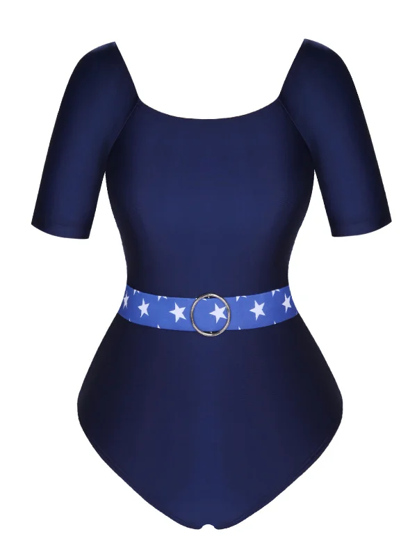Dark Blue 1940s Stars One-Piece Swimsuit Luxurious Women's High -  end