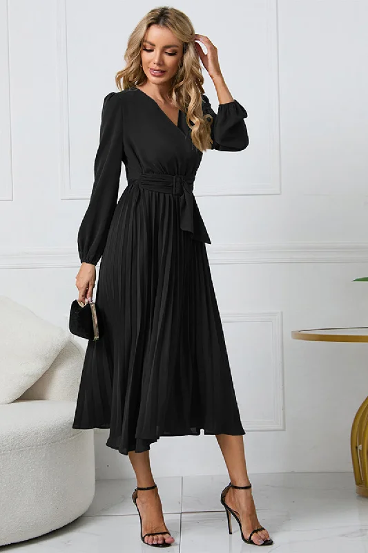 V-Neck Long Sleeve Tie Waist Midi Dress Refined Women's 
