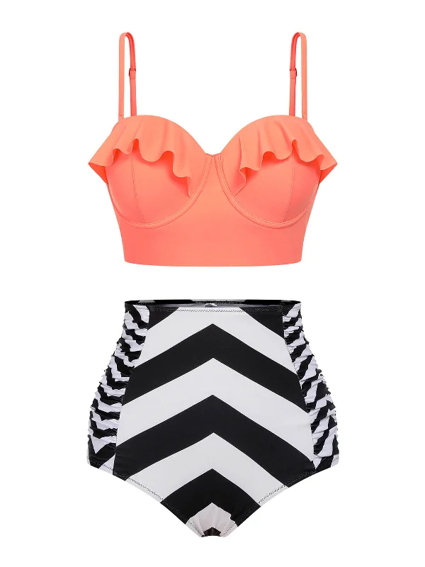 Orange 1940s Stripe Ruffles Strap Swimsuit Disco
