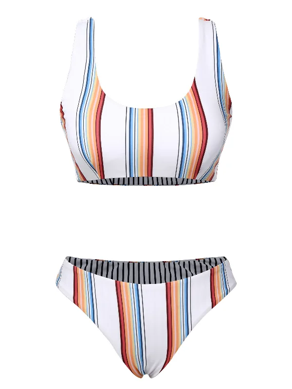 White 1950s Strap Stripes Swimsuit Rugged Women's Outdoor 