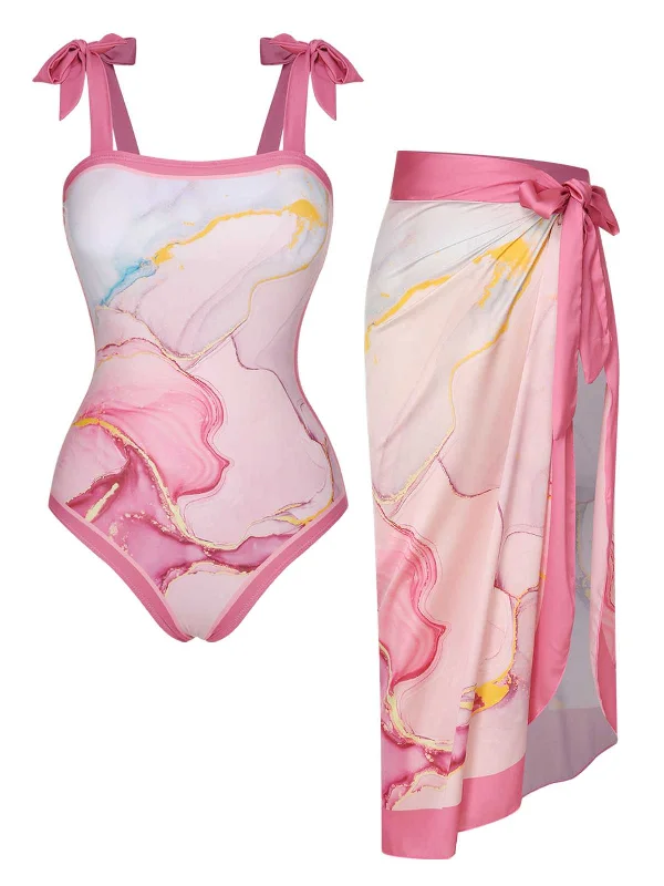 2PCS 1950s Pink Print Swimsuit & Cover-Up Classic Women's Tweed