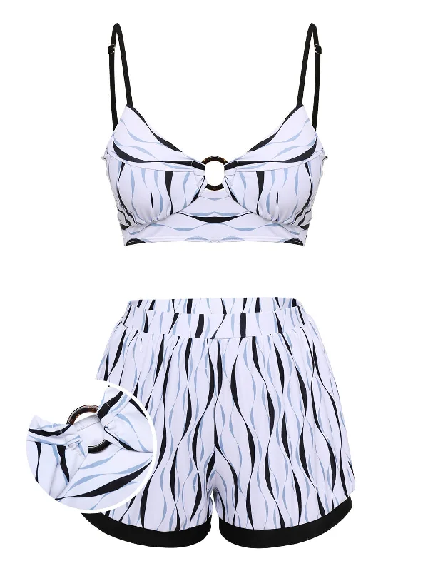 1950s Water Ripple Patchwork Strap Swimsuit Youthful Women's Pop