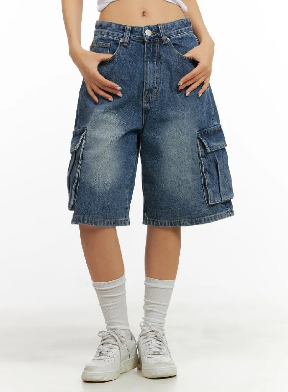 Washed Denim Cargo Jorts CY420 Classic Women's Pin - striped