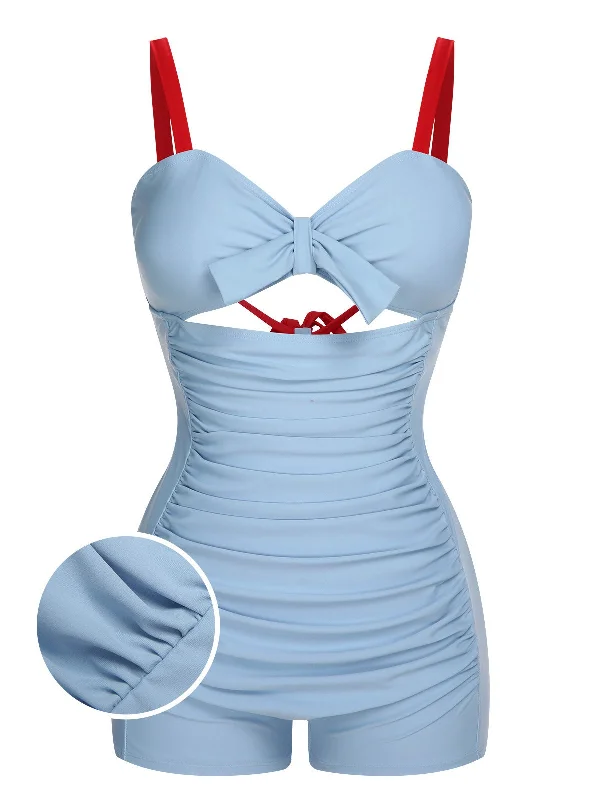 Blue 1930s Folds Back Strap One-Piece Swimsuit Bold Women's Animal Print
