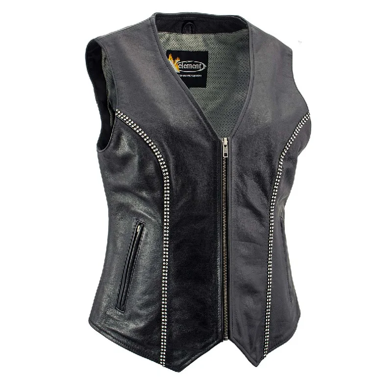 Xelement XS24002 Women's 'Bling' Black Leather V-Neck Motorcycle Rider Vest with Rhinestone Bling Detail Sleek Women's Xelement XS24002 Women's 'Bling' Black Leather V-Neck Motorcycle Rider Vest with Rhinestone Bling Detail Sleek Women's