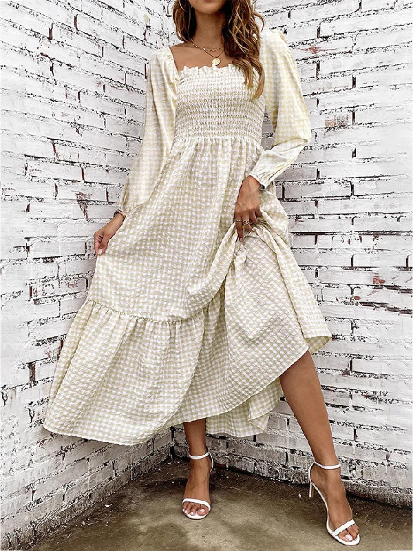 Smocked Square Neck Long Sleeve Dress Disco