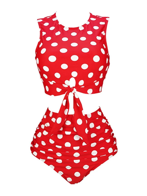 Red 1970s Polka Dots Waist Tie Swimsuit Dynamic Women's High - energy