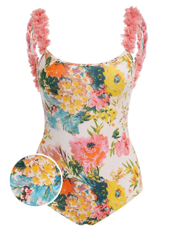 1930s 3D Floral Strap Backless One-Piece Swimsuit Streetwear Style for 