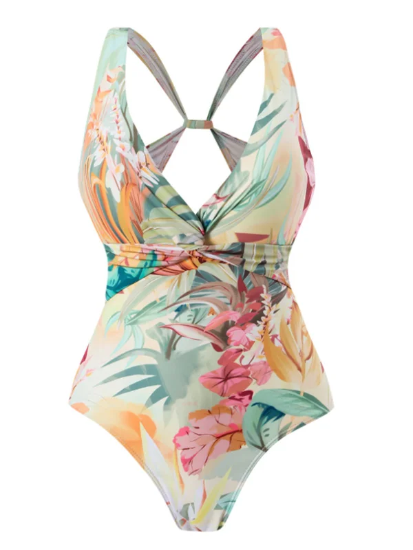 1940s Floral V-Neck Tie-Waist Swimsuit Dapper Women's Bow - adorned