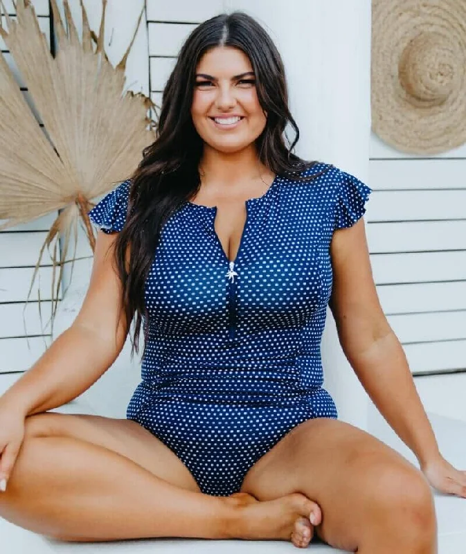 Capriosca Frill Sleeve One Piece Swimsuit - Navy & White Dots Sophisticated Women's 