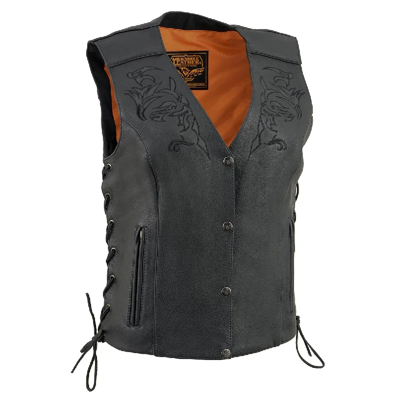Milwaukee Leather ML1296 Women's Black Leather Side Laced Motorcycle Vest w/ Reflective Tribal Cozy Women's Sherpa - lined Milwaukee Leather ML1296 Women's Black Leather Side Laced Motorcycle Vest w/ Reflective Tribal Cozy Women's Sherpa - lined