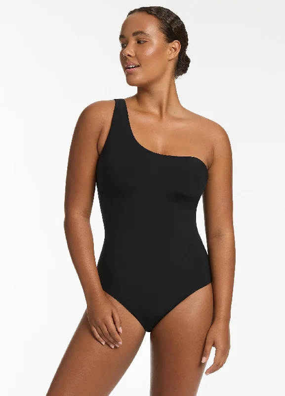 Jetset One Shoulder One Piece - Black Classic Women's Tweed