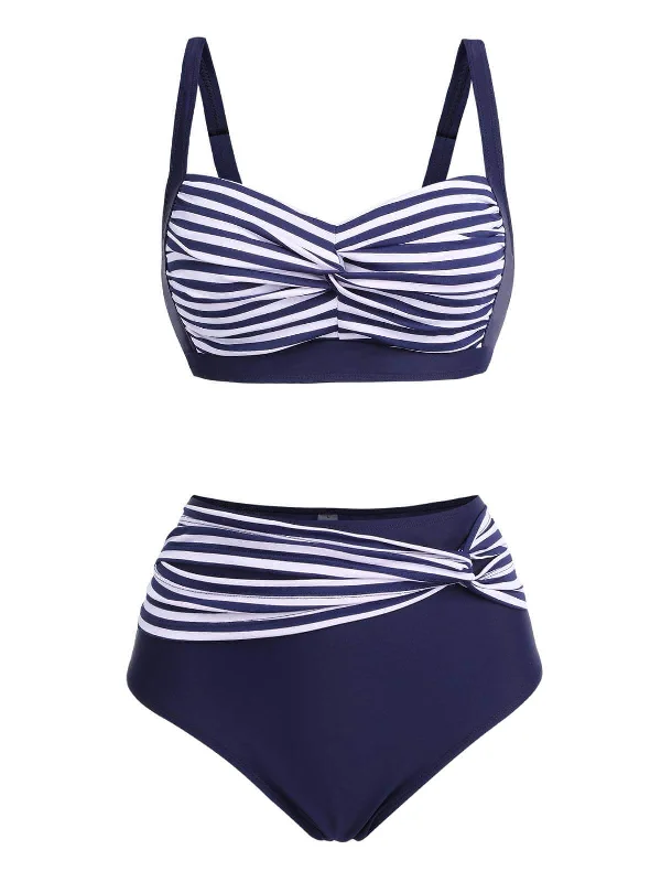 1950s Stripe Twisted Patchwork Strap Swimsuit Australian Beach