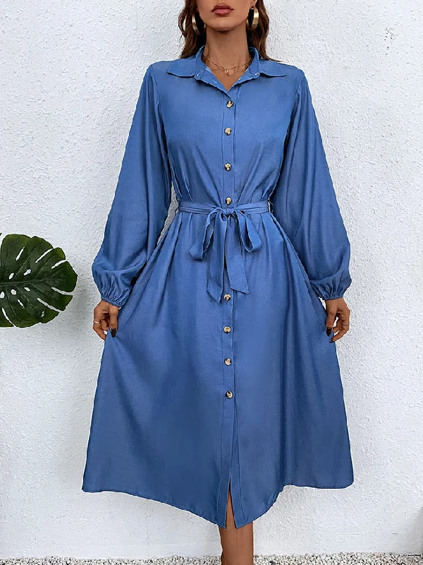 Button-Down Tie Waist Collared Neck Dress Stylish Women's Tropical 