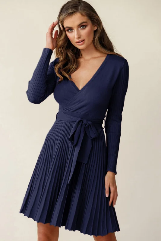 Surplice Neck Tie Waist Pleated Dress European
